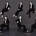 Multiple Women in Black Suits Showing Different Sitting Poses Against Gray Background