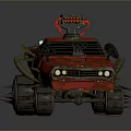 Red Modified Car With Mounted Guns Solar Panel Roof And Metal Armor Parts