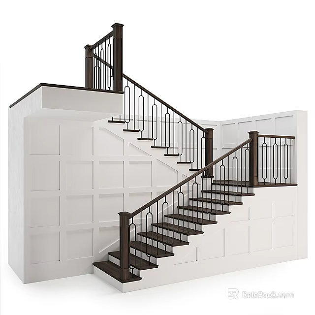 Modern Staircase Design With Dark Treads Wooden Handrails Metal Railings And White Walls 3d model 