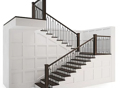 Modern Staircase Design With Dark Treads Wooden Handrails Metal Railings And White Walls 3d model