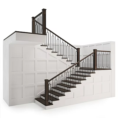 Modern Staircase Design With Dark Treads Wooden Handrails Metal Railings And White Walls 3d model