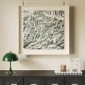 Green And White Abstract Painting With Textured Organic Patterns Framed On Beige Wall