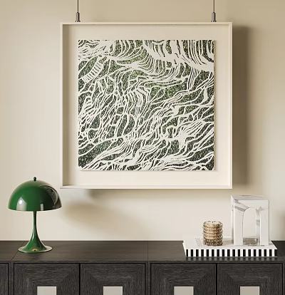 Green And White Abstract Painting With Textured Organic Patterns Framed On Beige Wall 3d model