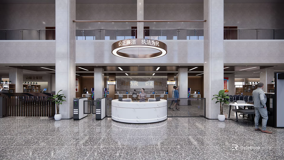Modern Service Hall Interior With Information Desk Service Windows Marble Floor And Green Plants 3d model 