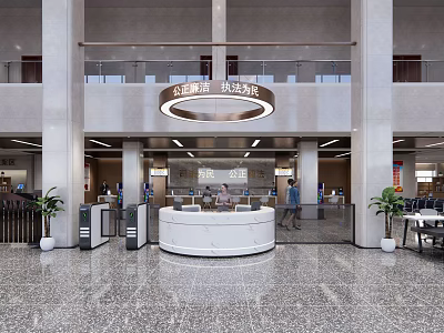 Modern Service Hall Interior With Information Desk Service Windows Marble Floor And Green Plants 3d model