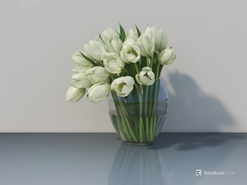 Transparent Glass Vase With White Tulips On Gray Tabletop For Home Decor 3d model 