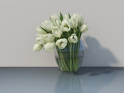 Transparent Glass Vase With White Tulips On Gray Tabletop For Home Decor 3d model