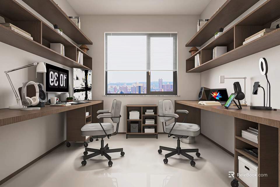 Modern Study Room Interior With Wooden Shelves Desks Office Chairs Window Blinds And City View 3d model 
