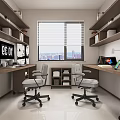 Modern Study Room Interior With Wooden Shelves Desks Office Chairs Window Blinds And City View