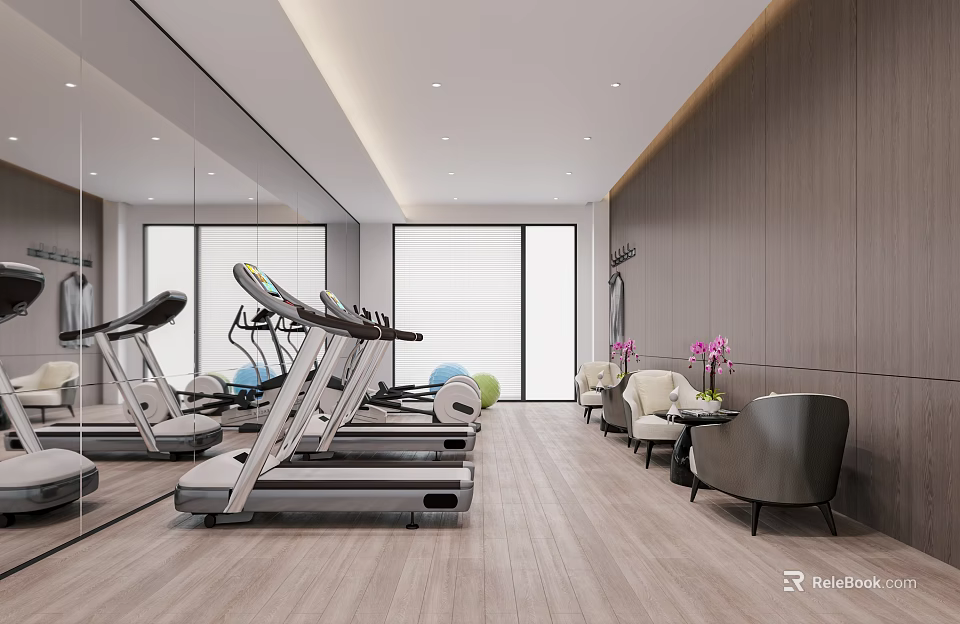 Modern Gym Interior With Treadmills Mirrors Lounge Chairs And Windows 3d model 