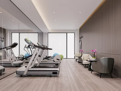 Modern Gym Interior With Treadmills Mirrors Lounge Chairs And Windows 3d model