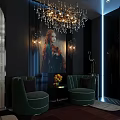 Casual Sofa Set In Dark Room With Green Velvet Sofas Wall Art And Chandelier