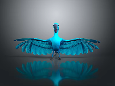 Blue Parrot Character Standing With Spread Wings On Black Surface And Reflection 3d model