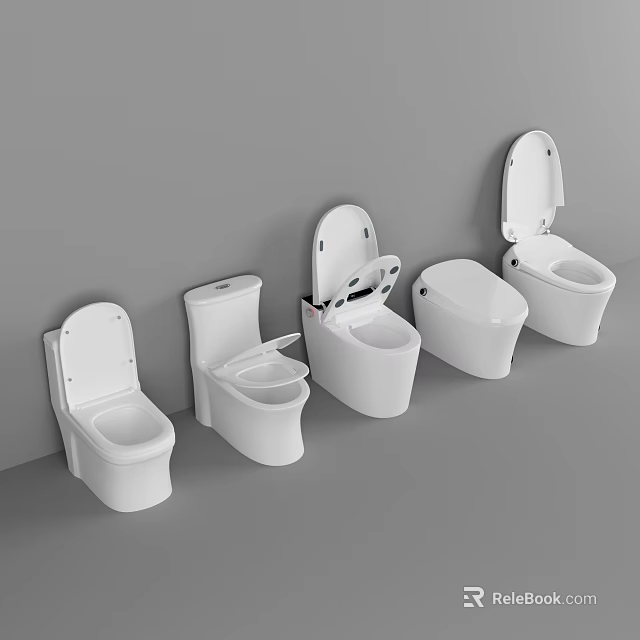 White Toilets Five Different Styles Arranged Against Gray Wall With Some Lids Open And Closed 3d model 