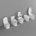 White Toilets Five Different Styles Arranged Against Gray Wall With Some Lids Open And Closed
