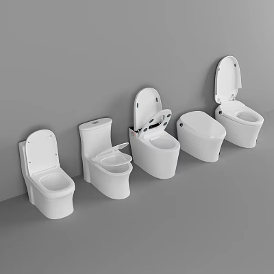 White Toilets Five Different Styles Arranged Against Gray Wall With Some Lids Open And Closed 3d model