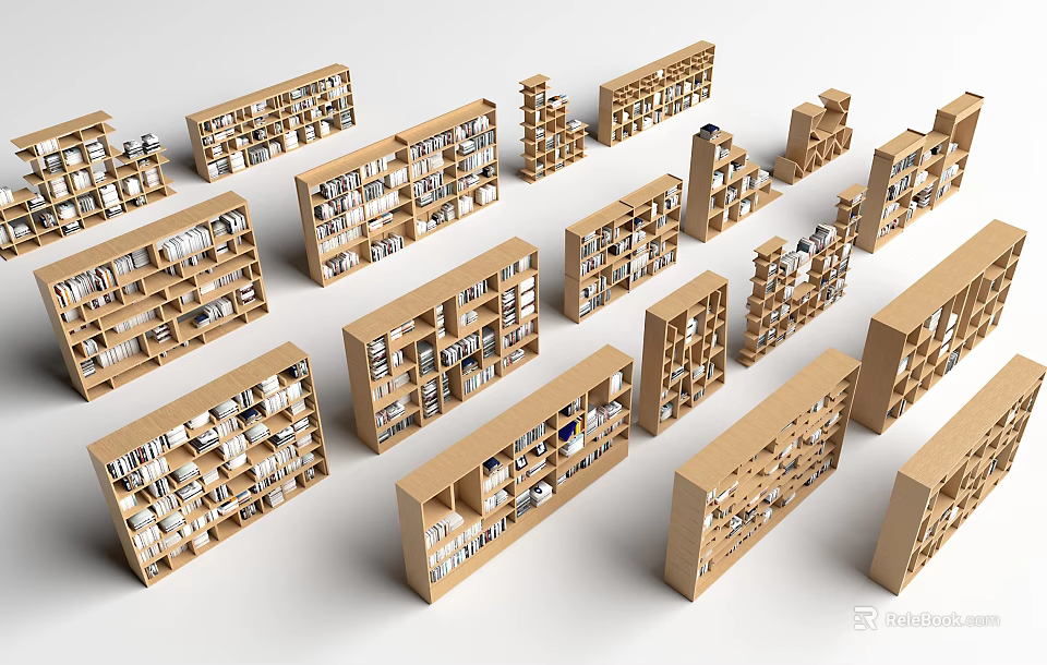 Wooden Bookcases in Various Styles Filled with Books for Home Library 3d model 
