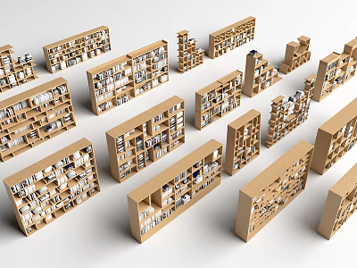 Wooden Bookcases in Various Styles Filled with Books for Home Library 3d model