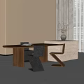 Modern Walnut Wooden Table With Sleek Black Chairs In Minimalist Interior With Dried Branch Vase