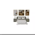 Double Bed with Light Colored Bedding Abstract Paintings Nightstands and Table Lamps