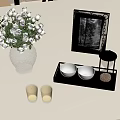 Decorative Ornament Set Including Glass Vase White Flowers Golden Frame Gold Tray Hourglass Bowls Candles