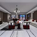 Modern Dining and Living Room Interior With Chandelier Red Chairs Sofa and Large Windows