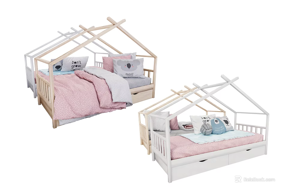House Shaped Frame Wooden Kids Bed With Pink Gray Bedding Pillows And Storage Drawers 3d model 