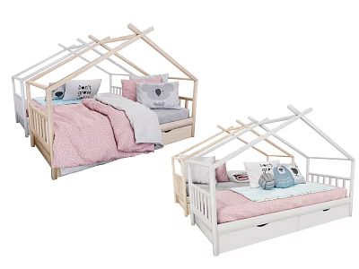 House Shaped Frame Wooden Kids Bed With Pink Gray Bedding Pillows And Storage Drawers 3d model