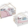 House Shaped Frame Wooden Kids Bed With Pink Gray Bedding Pillows And Storage Drawers