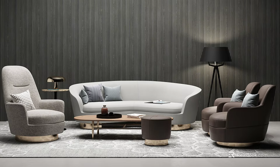 Modern Curved Sofa and Coffee Table Set With Gray Cushions Accent Chair and Floor Lamp 3d model 
