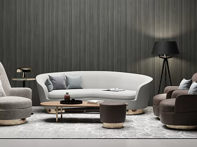 Modern Curved Sofa and Coffee Table Set With Gray Cushions Accent Chair and Floor Lamp 3d model