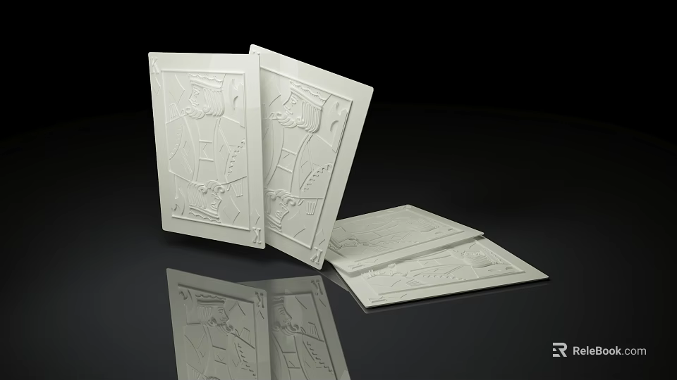 Engraved White Playing Cards For Board Game Entertainment On Black Background With Reflection 3d model 