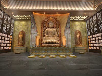 Buddhist Temple Interior Featuring Central Buddha Statue Flanking Figures Mural Paintings And Prayer Lamps 3d model