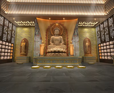 Buddhist Temple Interior Featuring Central Buddha Statue Flanking Figures Mural Paintings And Prayer Lamps 3d model