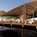 Relaxing Lakeside Garden Landscape With Wooden Deck Canopy And Water Reflection