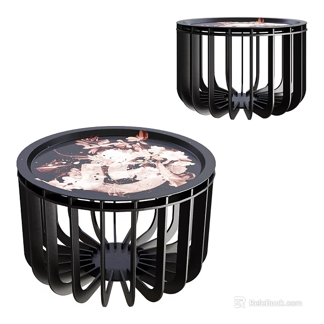 Modern Side Table With Round Glass Top Black Metal Frame And Floral Pattern Design 3d model 