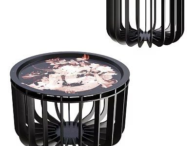 Modern Side Table With Round Glass Top Black Metal Frame And Floral Pattern Design 3d model