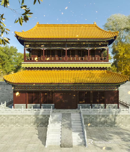 Traditional Chinese Ancient Architecture With Double Layered Yellow Roof Red Wooden Structure And White Balustrades 3d model 