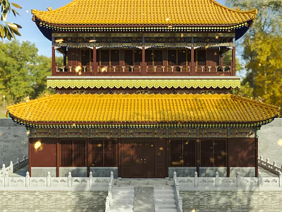 Traditional Chinese Ancient Architecture With Double Layered Yellow Roof Red Wooden Structure And White Balustrades 3d model