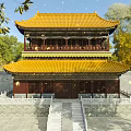 Traditional Chinese Ancient Architecture With Double Layered Yellow Roof Red Wooden Structure And White Balustrades