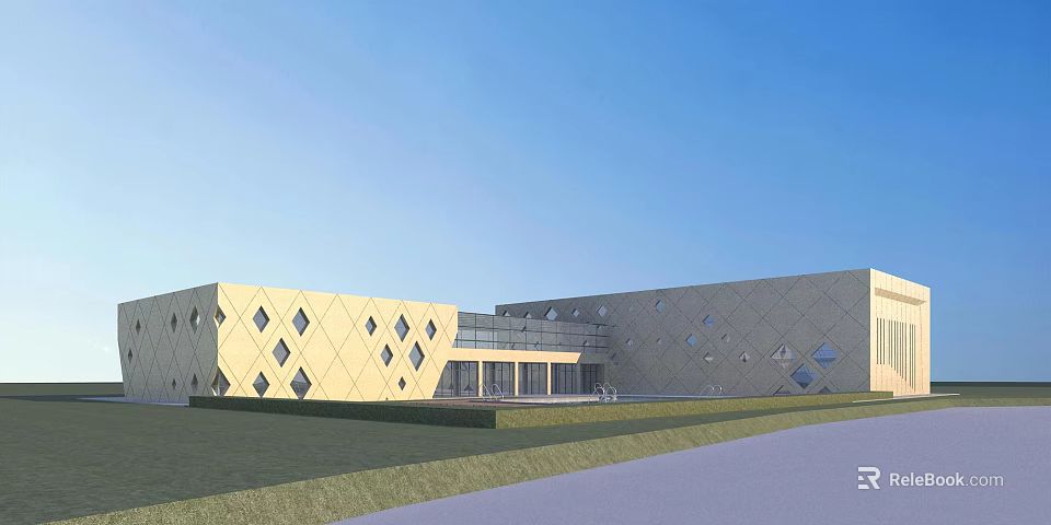 Modern Architectural Building With Geometric Diamond Patterns And Glass Curtain Wall 3d model