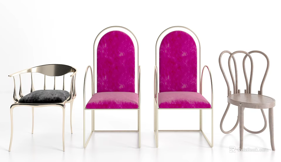 Elegant Pink Velvet Dining Chairs With Armrests And Metal Frame Design 3d model 