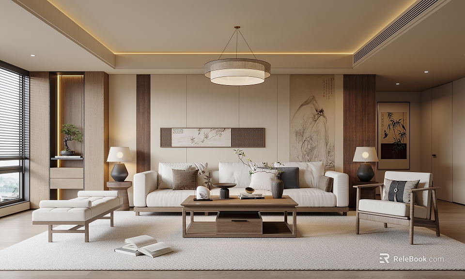 Modern Living Room Interior With Beige Sofa Coffee Table Pendant Light And Decorative Art 3d model 