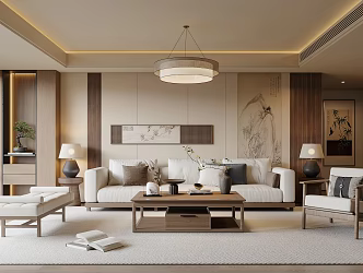 New Chinese Song Style Living Room Sofa Coffee Table Chandelier Table Lamp Single Chair 3d model