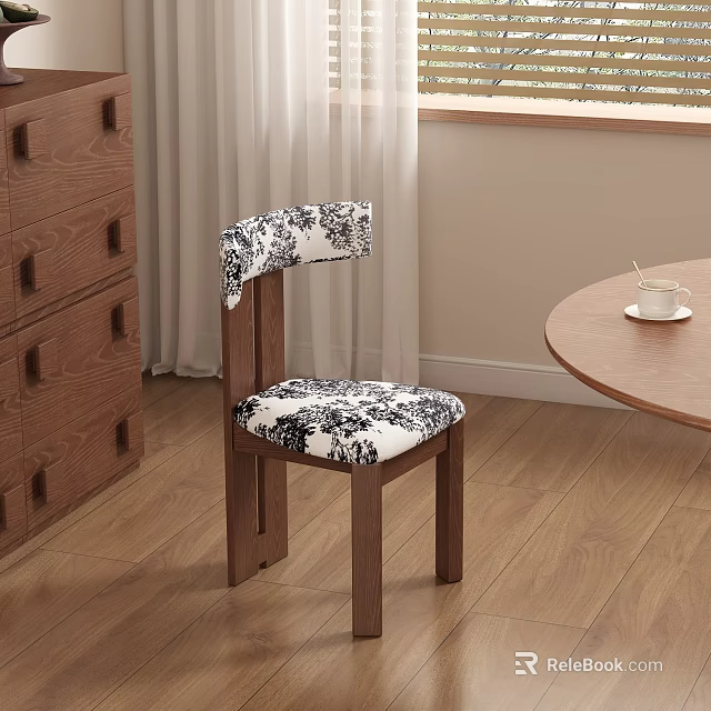 Wooden Dining Chair With Black And White Floral Pattern Backrest And Seat Cushion 3d model 