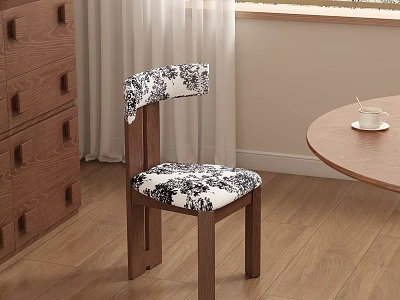 Wooden Dining Chair With Black And White Floral Pattern Backrest And Seat Cushion 3d model