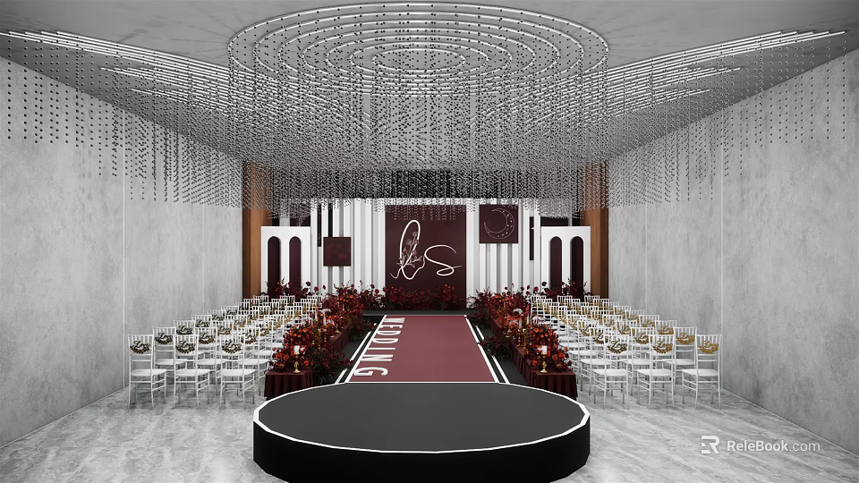 Banquet Hall With Circular Stage Red Carpet White Chairs Crystal Chandeliers And Backdrop Decor 3d model 
