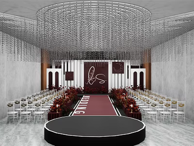 Banquet Hall With Circular Stage Red Carpet White Chairs Crystal Chandeliers And Backdrop Decor 3d model