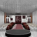 Banquet Hall With Circular Stage Red Carpet White Chairs Crystal Chandeliers And Backdrop Decor