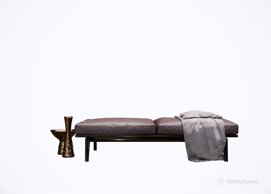Dark Brown Leather Ottoman with Gray Blanket and Brass Vase in Modern Sleek Design 3d model 